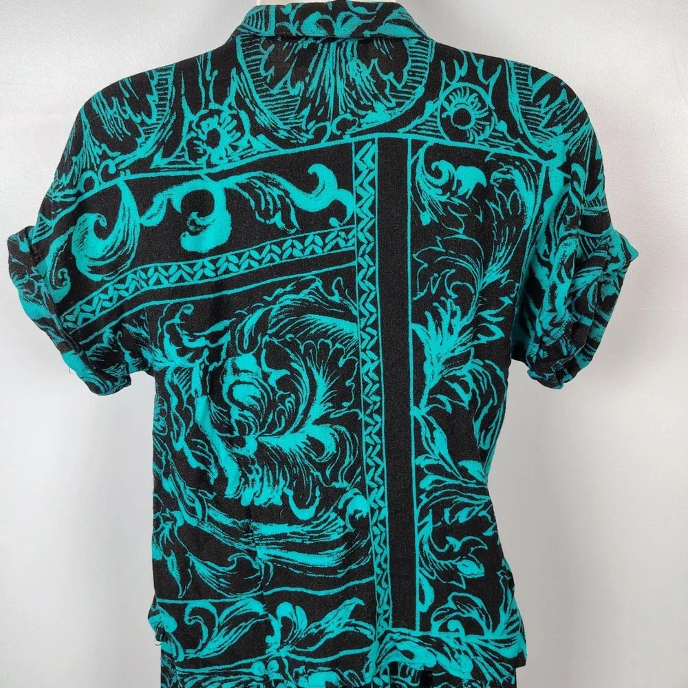 Melrose Womens SZ 7/8 9/10 Two Piece Set Teal Black  Rayon Linen Vintage